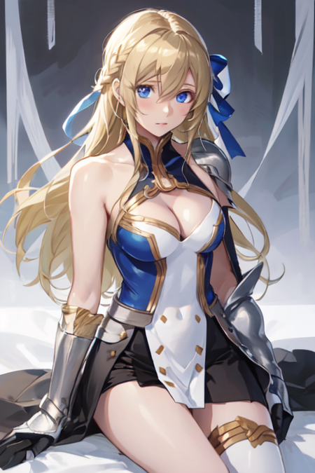 JeanneKaguyadArc, 1girl, solo, long hair, blue eyes, blonde hair, braid, single thighhigh, white thighhigh, black gloves, dress, cleavage, bare shoulders, medium breasts, hair ribbon, cleavage cutout, armor,