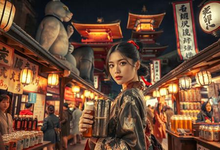 Setting is ancient Japanese street market at night in Kyoto, ((all writing is in Japanese )), ((all lighting is by candles, and Japanese style paper lanterns,  the market is comprised of street vendors selling food, weapons, and clothing. People wearing Japanese  clothing are walking through the street market shopping and eating, A calico cat with red collar sits on a nearby wooden roof at a market kiosk. Behind the a kiosk counter are containers of Japanese  sake, (((a beautiful woman, 24 years old, is standing in the foreground facing the viewer with a metal goblet of beer in her hand. Her eyes are beautiful and focused on the viewer, she has an expression of interested curiosity))), the woman is dressed in Japanese traditional style clothing combining a sexy and classic Japanese aesthetic. Enormous Japanese statues and temples are visible in the background and around the scene and smaller statues and Ancient Japanese architecture is prevalent in the market, The woman's hair is elegantly tied up with a ribbon. Artistic classic Japanese aesthetic, dynamic perspective, (((overall architectural aesthetic is Ancient Japanese ))).  Epic image that elicits a feeling of wonder and awe,
