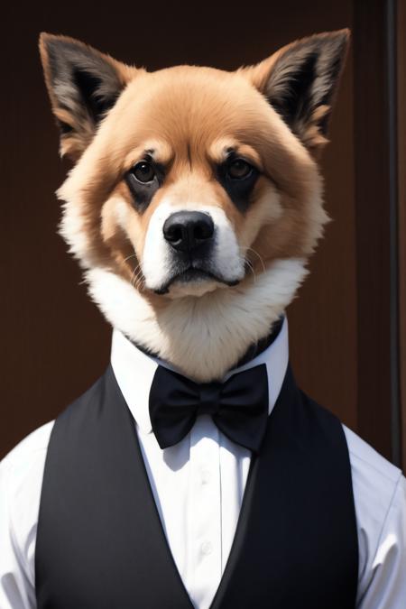 bowtie, no humans, bow, photo (medium), blurry, clothed animal, whiskers, formal, animal focus, blurry background, animal, black neckwear, indoors, solo, vest, bar, jacket, depth of field, looking at viewer, suit, white shirt, tuxedo