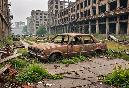 post-apocalyptic landscape, urban ruins, weeds, abandoned vehicle, collapsed building, rubble, debris, destroyed walkway, broken windows, desolation, smog, rust, pollution, small birds