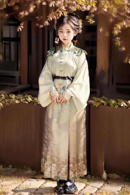 RAW, symmetrical, slow motion,(beautiful:1.1),(attractive),perfectly detailed eyes,<lora:hanfuMing30:0.7>,<lora:shojovibe_v11:0.8>,(ming hanfu, ming style outfits, 1girl wearing  short coat and mamian skirt, standing collar:1.2),(full body: 1.3)