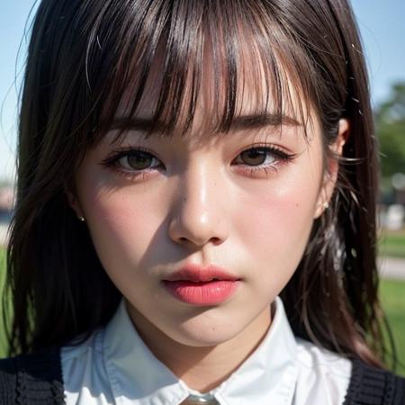 asian 8k,hdr, beautiful, cute, masterpiece, (best quality:1.5), (realistic:1.5),(photorealistic:1.5),ultra detailed, detailed face, realistic face, (realistic skin:1.37), (intricate:1.5), woman, solo, blunt bangs, pale skin, (close-up photo:1), portrait photo, perfect lighting, (school uniform), (thigh high),(class room), (small breast:1.2), slim, slender, natural makeup, 