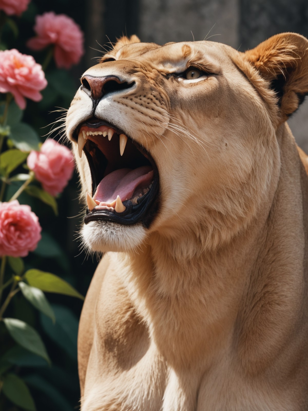 a close-up of a gorgeous (roaring:1.2) lioness with beautiful bombastic woman in an image filled with deep darks in the st...