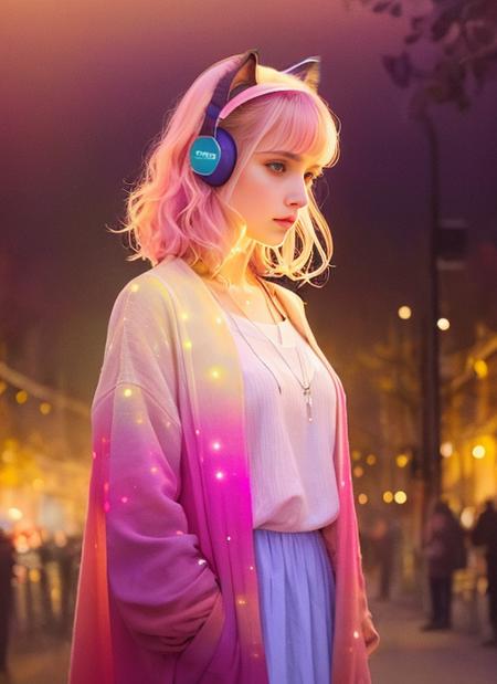 a woman, luminous design, pastel colours, ink drips, autumn lights, (wearing cat ear headphones)