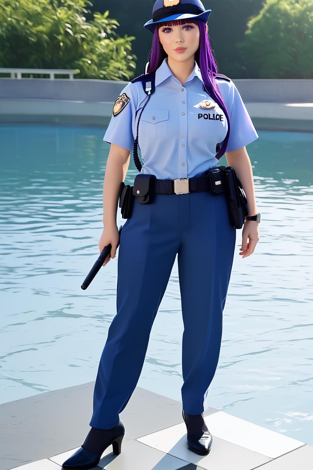 1girl, JapanesePolicewoman, police, police uniform<lora:ÐÐ´ÐµÐ¶Ð´Ð° ÑÐ¿Ð¾Ð½ÑÐºÐ°Ñ Ð¿Ð¾Ð»Ð¸ÑÐ¸Ñ(JapanesePolicewoman, police, police uniform):0.8> <lora:ChamFernPonyXL:1> FernFrieren,purple eyes,purple hair, long hair,half updo,hair ornament,large breasts, Score_9, Score_8_up, Score_7_up, Score_6_up, Score_5_up, Score_4_up, BREAK,1girl in full growth, best quality, masterpiece, ultra-detailed, high quality,good quality,1 girl,(master piece,high resolution, ultra detailed,8K,16K),look at viewer