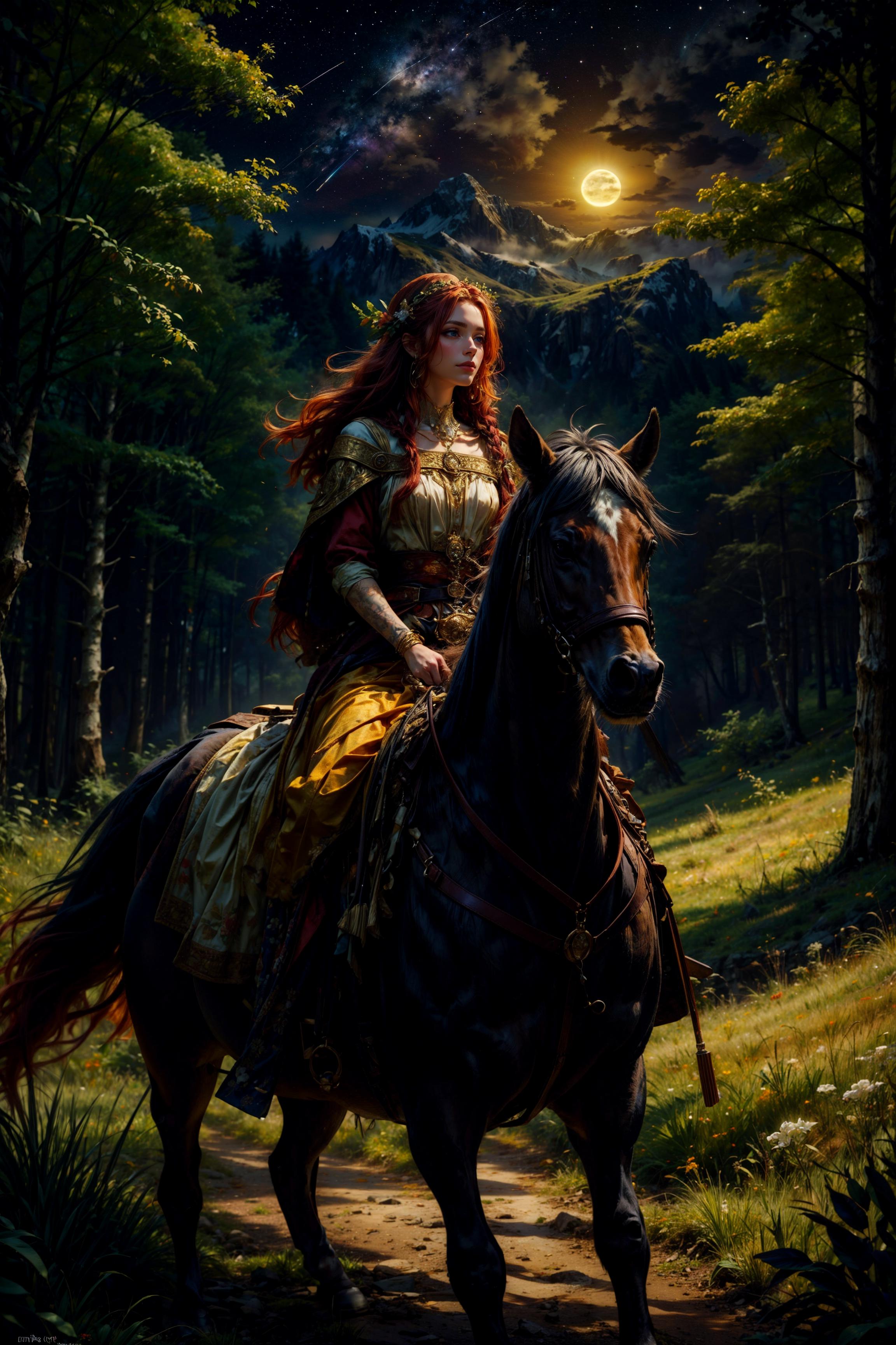 A woman in a flowing dress with long red hair riding a horse through a forest.