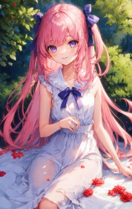 1girl, bangs, pink_flower, pink_hair, purple_eyes, ribbon, rose_petals, small_breasts, smile, solo, spring_\(season\), tree, two_side_up, very_long_hair, white_dress <lora:style_玉之けだま:1>
Negative prompt: sketch, duplicate, ugly, huge eyes, text, logo, monochrome, worst face, (bad and mutated hands:1.3), (worst quality:2.0), (low quality:2.0), (blurry:2.0), horror, geometry, bad_prompt, (bad hands), (missing fingers), multiple limbs, bad anatomy, (interlocked fingers:1.2), Ugly Fingers, (extra digit and hands and fingers and legs and arms:1.4), crown braid, ((2girl)), (deformed fingers:1.2), (long fingers:1.2),succubus wings,horn,succubus horn,succubus hairstyle, (bad-artist-anime), bad-artist, bad hand,badhandv4,EasyNegative
Steps: 30, Sampler: DPM++ 2M Karras, CFG scale: 9.5, Seed: 3555296218, Size: 672x1056, Model hash: 1065c5d2e0, Model: ChanterMixV1, Denoising strength: 0.5, Clip skip: 2, Hires upscale: 1.6, Hires steps: 13, Hires upscaler: Latent