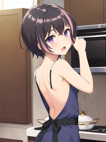 best quality, (masterpiece:1.2), highly detailed, (masterpiece), (illustration),
kitchen, indoor,
standing, (face focus:1.2), face, upper body, (from back:1.3),
nuke apron, sleeveless, frills, collarbone,
1girl, solo, short hair, purple eyes, multicolored hair, black hair, sparkle, glint, streaked hair, lens flare, small breasts,
shy, blush, (looking at viewer), open mouth,
<lora:Riku:0.7>