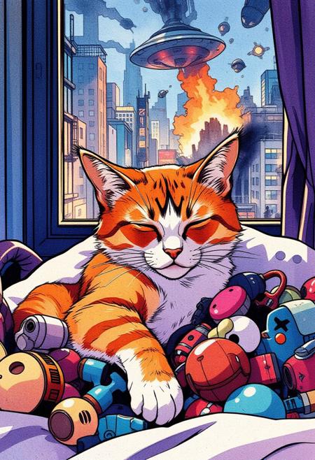 Paint a serene yet dynamic watercolor scene in the Flux art style, where a sleeping cat is *fully nestled within a pile of pet toys*. The cat’s body, rendered in soft, car color orange, brown, white with a black M in his forehead, in a soft pillow near to a building window, inside an apartment, outside a city in chaos, alien invasion, cars in fire,
running away from the aliens, aliens abductions, UFO