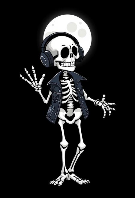 Ready design for printing on a t-shirt. On a black background. A cartoon skeleton wearing headphones and a leather jacket with patches is dancing under the moonlight. The skeleton has white teeth and is depicted in a hyper-realistic, white background, high-resolution style.