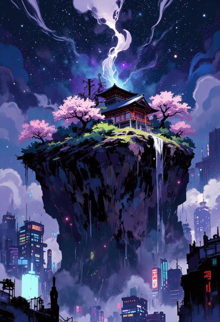 aidmafluxpro1.1, abstract style of Bruce Holwerda,
soft lighting with dynamic highlights,
A surreal view of a futuristic nighttime metropolis. In the middle of the city there is a high table mountain with steep cliffs. On the plateau of the mountain there is a cozy Japanese garden with an ancient Japanese temple, red gate, cherry blossoms and green bushes. The mountain is surrounded on all sides by cyberpunk skyscrapers with neon signs in all colors of the rainbow. The temple on the mountain is illuminated to stand out against the night sky. The garden seems ghostly and mystical. There are stone steps carved into the rock. The sky is studded with stars and swirling galaxies. A fantastic landscape.
i11ustmin Illustration