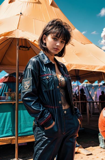 fitness photo of a Romanian, age 20,(fit body:1.4), with fringe haircut, wearing purple color microchip coverall, coy expression, (hands in pockets, displaying a casual attitude:1.4), (a sinister carnival tent, filled with eerie attractions and mysterious performers background:1.5), natural lighting, Sony a7S III Mirrorless Camera, in style of Lewis Hine RAW photo, full sharp, high uality, film grain, Fujifilm XT3 <lora:more_details:0.6> <lora:picxer_real:0.7><lora:VisionaryVerse-SD15:0.9>