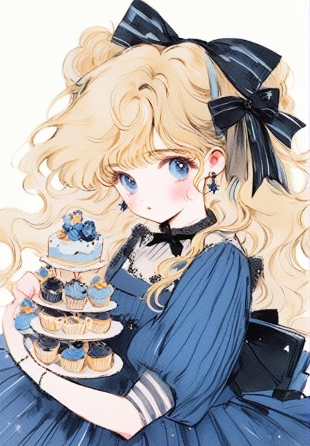 (masterpiece,best quality,ultra_detailed,highres,absurdres:1.2),1girl, animal_on_head, black_ribbon, blonde_hair, blue_dress, blue_eyes, blush, book, bookmark, bow, brooch, cookie, cupcake, dress, dress_bow, ear_piercing, earrings, food, full_body, hair_bow, hair_ribbon, hand_up, holding, holding_book, jewelry, on_head, piercing, ribbon, simple_background, spoon, standing, striped, striped_thighhighs, thighhighs, two_side_up, white_background, wrist_cuffs <lora:1990s-sdxl:1>