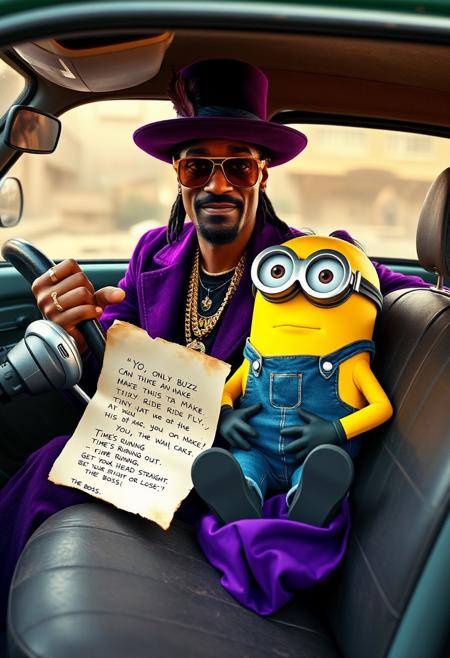 An anthropomorphic Snoop Dogg, radiating smooth charisma, sits confidently in the driver’s seat of a quirky, vintage Fiat 500. He’s decked out in his usual pimp regalia—deep purple velvet suit, wide-brimmed hat adorned with a feather, gold chains, and flashy rings—gripping the steering wheel with cool authority, his stylish cane resting against the dashboard.
In the cramped passenger seat, a mischievous Minion lounges next to him, its wide eyes peeking out from behind oversized goggles. Dressed in its classic blue overalls, the Minion holds a crumpled, slightly torn letter in its small hands. The edges of the letter are singed and stained, and the messy handwriting reads:
"YO, ONLY BUZZ CAN MAKE THIS TINY RIDE FLY.  
TIME’S RUNNING OUT—GET YOUR HEAD STRAIGHT OR LOSE IT.  
-THE BOSS."
Inside the Fiat, the interior is worn but still exudes retro charm with cracked leather seats and vintage details. Outside, a neon-lit Miami backdrop of swaying palm trees and gritty, shadowy streets contrasts sharply with the quirky little car. The scene is hyperrealistic, blending Snoop’s laid-back, larger-than-life presence with the Minion’s playful mischief and the car’s eccentric appeal, creating a vibrant, highly detailed tableau full of energy, humor, and surreal flair.