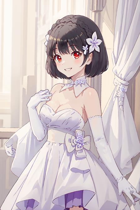 1girl lainie cyan hair flower black eyes short hair purple skirt white dress strapless dress white chocker white gloves elbow gloves cleavage bare shoulders bow flower