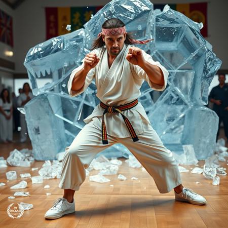 A  karate man performing a karate pose, Destroyed ice block background, in a dojo setting, ((Sean Connery)) , Bandana, long hair, jersey, white sneakers, muscular, 2 meters tall,Ice pieces are scattered on the floor. he has a determined expression, wearing a traditional white karate gi with a colored belt.  and spectators are watching in awe in the background. The dojo features wooden flooring and colorful banners on the walls, with bright lighting highlighting the action and the scattering ice shards.
masterpiece,