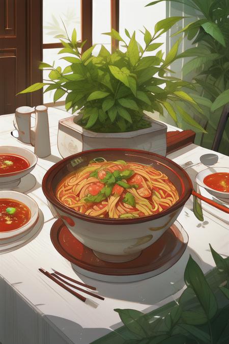 Chinese cuisine,Tossed Clear Noodles with Chili Sauce,sichuan style,An artistically delicate arrangement,lace tablecloth, green plants.design sense, artistry,Ultra-high resolution,Ultra hd picture,Contrast composition,Grid-based ray tracing,Contrast,light and shadow contrast, masterpiece, best quality,