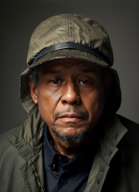 portrait of fw1,  man in Oilskin Jacket, Fisherman's Cap, Foul Weather Pants, Fillet Knife, Bait Box epic (photo, studio lighting, hard light, sony a7, 50 mm, matte skin, pores, colors, hyperdetailed, hyperrealistic),  <lora:ForestWhitaker:1>