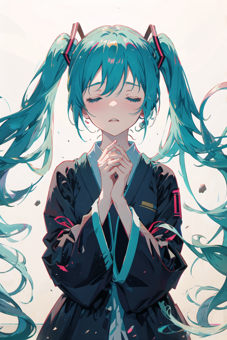 hatsune miku, masterpiece, absurdres, upper body, clenched hands, frustrated, closed eyes, simple background, japanese clothes,