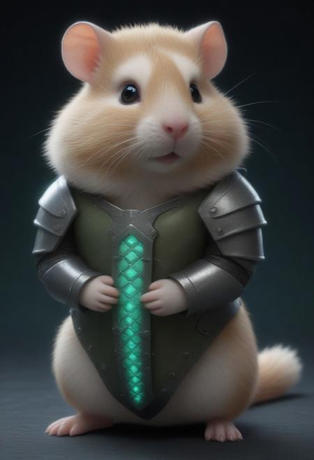 animal, armored hamster, intricate scales, novuschroma54 style armor plating, glowing gemstone embedded in bracer, slit pupils, futuristic design, green energy accents, reinforced metallic structure, detailed textures, high-tech aesthetic, cinematic lighting, dynamic pose, fantasy cybernetic fusion