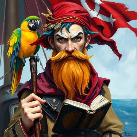 Oil painting rendered in a loose, impressionistic style with thick, expressive brush strokes. Full body portrait of a young handsome pirate wizard. His outfit is a mish mash of wizard-like and pirate clothes. He wears a red bandana and has a long ginger beard. He has big white eyebrows. His hair is a mixture of colors: blue, red, yellow, green. He holds a book and a wizard's staff. The background shows a pirate ship with a pirate flag. On his shoulder sits a colorful parrot.