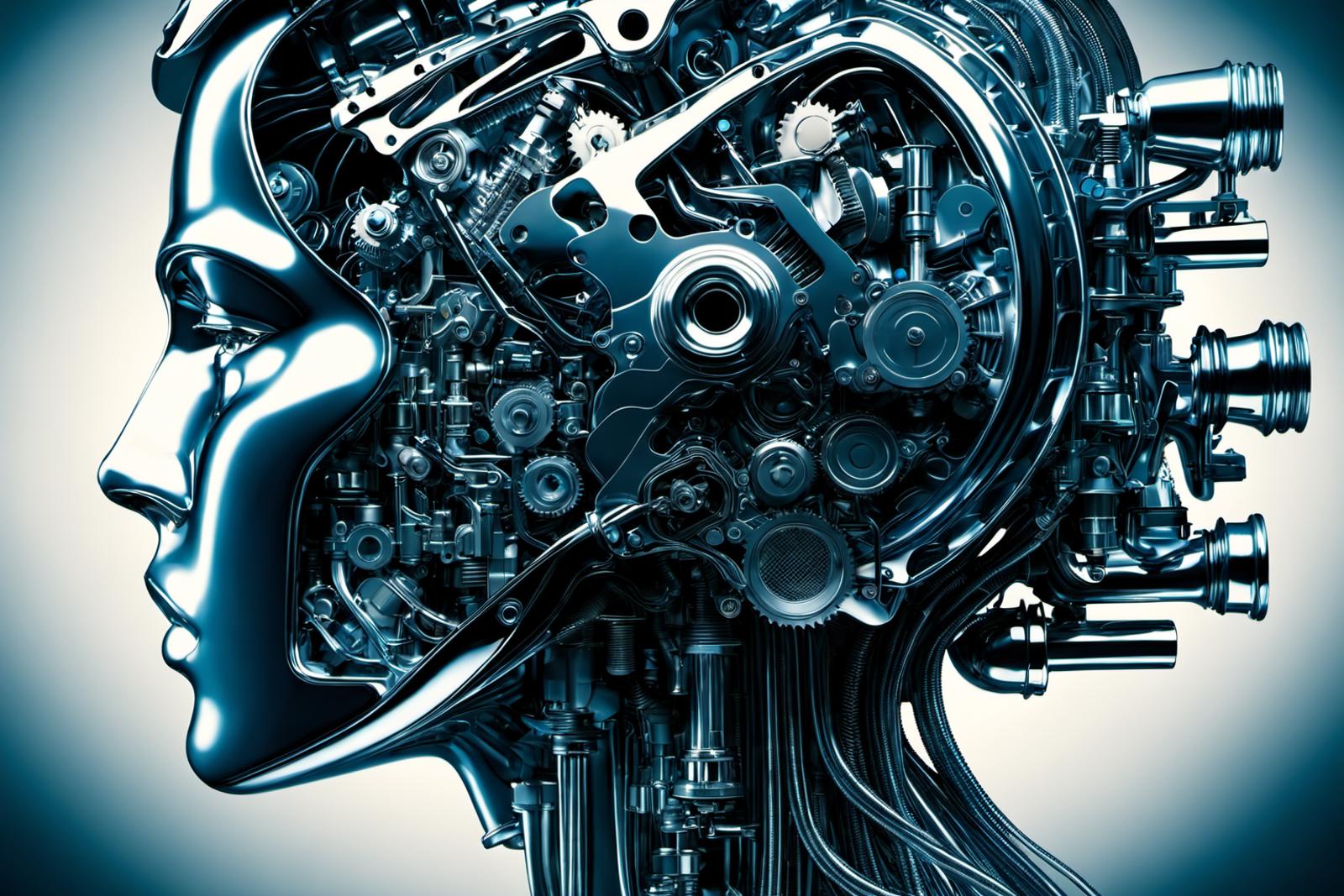A robotic head made of gears and mechanisms.