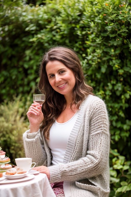 RAW photo of christa, portrait, Knit cardigan and midi skirt for a garden tea party, (high detailed skin:1.2), 8k uhd, dslr, soft lighting, high quality, film grain, Fujifilm XT3
