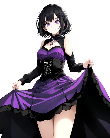 Black hair,  short hair,  goth,  purple dress,  purple eyes,  purple dress,  black corset,  smile,  tired,  (white background:1.3),  cowboy shot,  solo,  1girl, <lora:EMS-43671-EMS:0.700000>