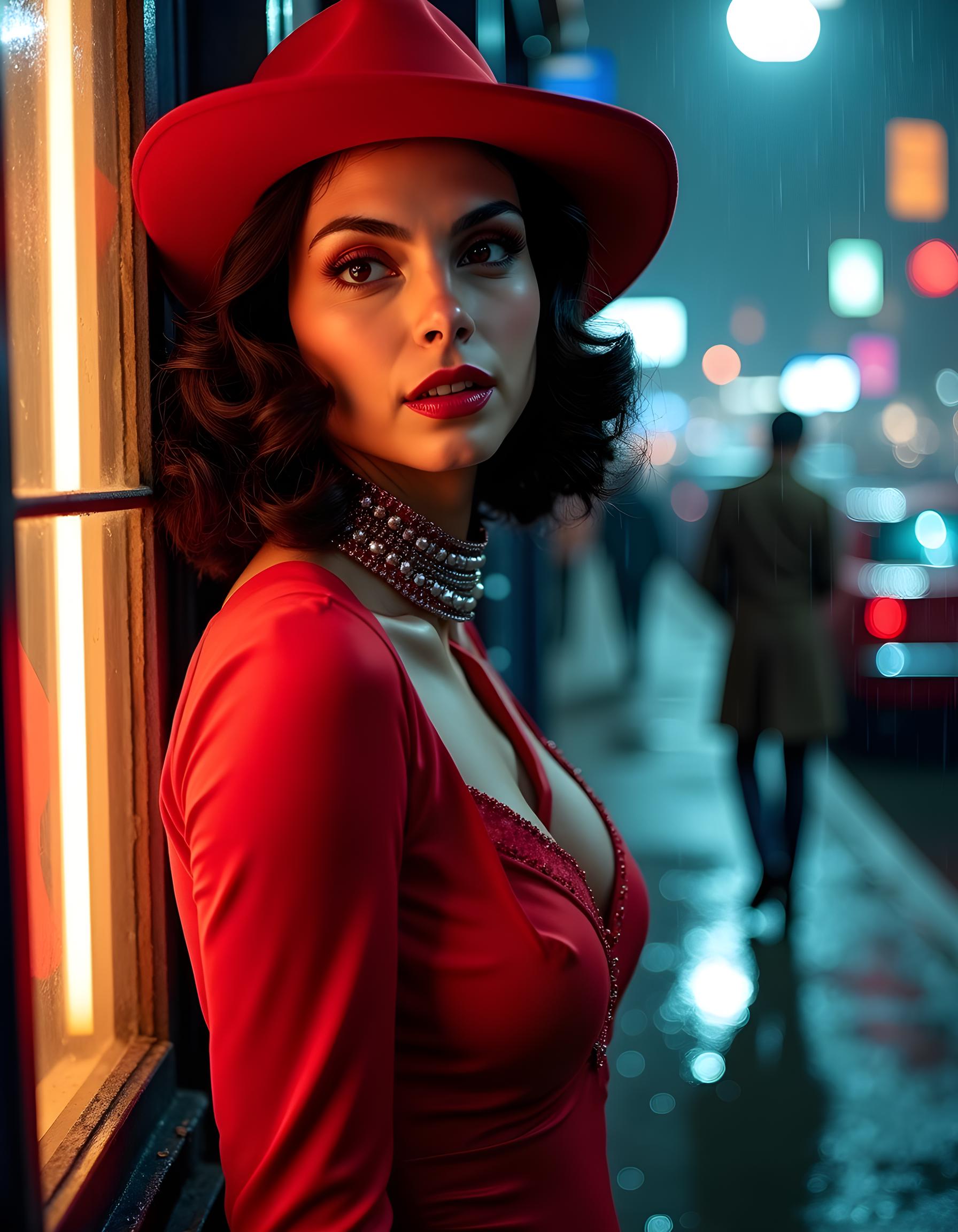 In a gritty, noir-inspired scene set amidst the neon-lit, rain-soaked streets of 1940s New York City, M0R3N4B, a woman with raven-black hair cascading down her back, stands in a dramatic, profile pose by an illuminated window. The camera captures her from the waist up, focusing on her intense brown eyes, bright red lips, and perfectly aligned pearly white teeth as they form a mysterious smile. Her outfit is a striking contrast to the gloomy atmosphere: she wears a sleek, high-collared red dress that accentuates her curves and falls to mid-calf length, adorned with intricate silver beading. A matching red fedora sits atop her head, tilted at a rakish angle, casting a long shadow on the wet concrete below. The harsh, contrasting lighting creates dramatic shadows on her face, emphasizing the emotional tension and secretive allure that exudes from this enigmatic figure.