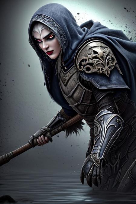 RAW photo, (masterpiece:1.3), subsurface scattering, heavy shadow, (high quality:1.4), (intricate, high detail:1.2), professional photography, HDR, High Dynamic Range, realistic, ultra realistic, photorealistic, high resolution, film photography, ambient lighting, atmospheric effects, <lora:detail_slider_v4:2>, OverallDetail, 1girl, armor, blue eyes, breastplate, gloves, holding, hood, horns, jewelry, lipstick, long hair, looking at viewer, makeup, male focus, necromancer, polearm, solo, teeth, water, weapon, white hair, <lora:Necromancer:0.75>, <lora:zoom_slider_v1:-1>,  <lora:cleavage:-1>, epiCPhoto