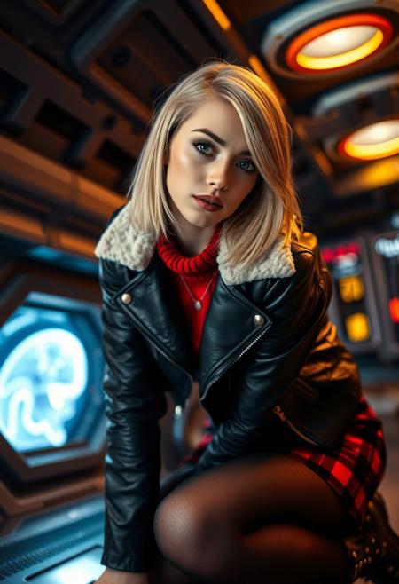a beautiful blonde woman, kneeling,
curious, intrigued, one eyebrow raised, mouth open,
bob haircut, gray eyes, brown eyebrows, split cut eyebrow,  black leather jacket with fleece lining, red sweater, silver necklace, black red plaid mini skirt, black stockings, black combat boots, dramatic angle, side view, looking at viewer,
spaceship interior in background, neon bokeh