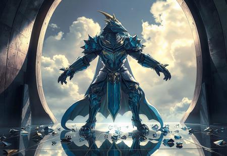 Epic detailed full-body illustration: A Hook the Hidden Knight stands on a Mirror Gate surface, adorned with blue and yellow accents, giving it a dynamic appearance. Its arms and legs are spread, and its head is turned, as if observing scattered Mirror Mail pieces in the open gate. The final artwork should be 4K, exceptionally detailed, handcrafted, and feature captivating lighting and composition. Convey a powerful message, and showcase vivid emotions and intricate details. Cinematic lighting and HD quality expected.
