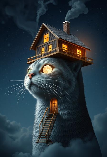 "Create a photorealistic image of a cat balancing a house upon its head, with the house perched precariously at the top of the cat's skull. A winding stairway wraps around the cat's body, leading up to the front door of the house. Smoke billows out of the chimney, and warm lights glow from within the windows. The cat's face is a stunning representation of the night sky, with stars and constellations visible in the fur. The cat's eye is a bright, shining moon, with a gentle glow that illuminates the surrounding darkness. The moon is not visible in the sky, but rather is embodied in the cat's eye, as if it has been transported from the heavens to the cat's gaze. The image should be rendered in exquisite detail, with subtle textures and shading that bring the scene to life. The overall effect should be one of breathtaking, surreal wonder." Highest-Quality, 4k, intricate details, visually stunning, Masterpiece