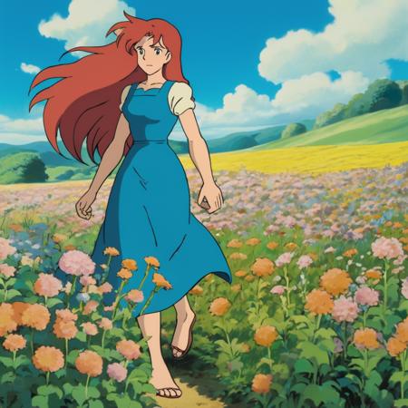 high-quality 4k hd anime screencap in vwst artstyle of a 31 year old woman with long wild red hair wearing a blue split leg sleeveless dress standing in a field of flowers on a sunny warm summer day