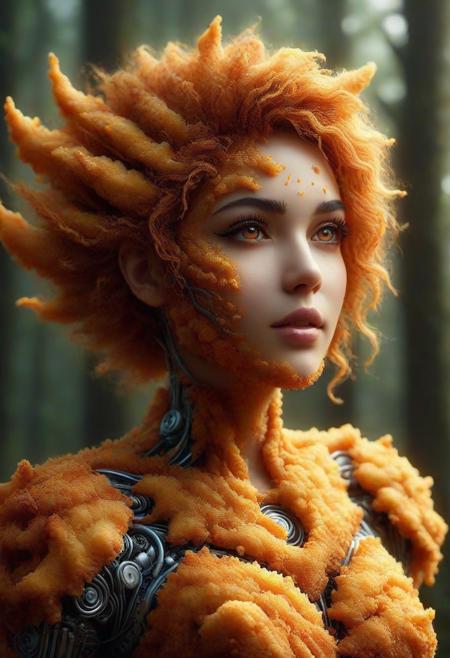 Ultrarealistic. sharp focus, dynamic lighting. play of light, Raytracing, Ultra detailed. (((DFC Style))). A gorgeous and beautiful female robot made of deep fried & crispy breading in a mystical forest.