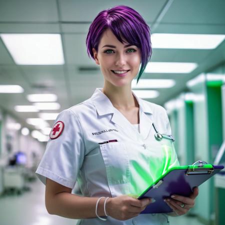 A nurse working in an Emergency Room. She carrying a clipboard. White nurse uniform. full body shot. Short purple hair. Green eyes. Fluorescent lighting. < nurse job > Pleasant smile. (lucy \(cyberpunk\))