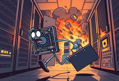 Dramatic action chase closeup, Comic with flat shading, dark server room, A motherboard graphics card from a computer with a panicked face with two metal thin legs holding a suitcase while running away out  of door, open computer case in background, burning computer, chaos, many burning computers