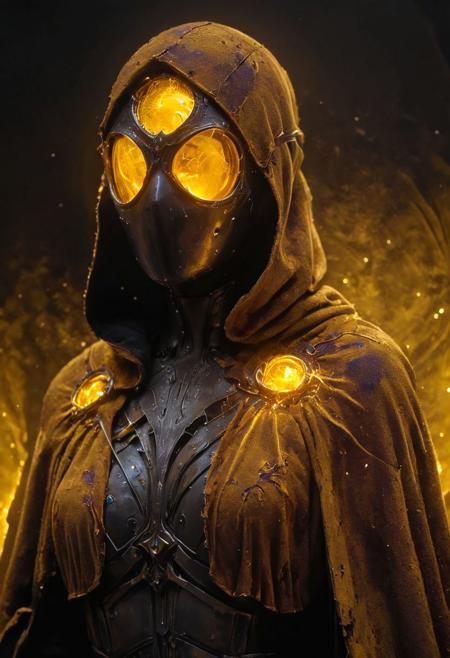 AtomicHeartTwinsCosplay in absolute darkness, profoundly no light, 
pointed hat, translucent skin, amazing quality, masterpiece, best quality, hyper detailed, ultra detailed, UHD, perfect anatomy, portrait, dof, hyper-realism, majestic, awesome, inspiring, closeup, an weathered outworn old Fantasy cape, smooth, Closeup, rust paint peelz, atmospheric haze, cinematic composition, soft shadows, national geographic style, yellow and purple electric sparks, crawling on four, looking at viewer