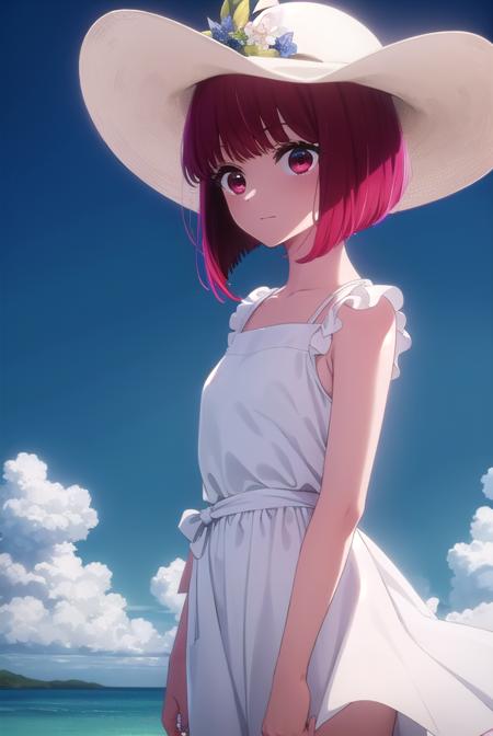 kanaarima, <lora:kana arima s1-lora-nochekaiser:1>,
kana arima, short hair, bangs, (red eyes:1.3), red hair, bob cut, smile,
BREAK hat, dress, ribbon, sleeveless, white dress, sleeveless dress, white headwear, sun hat, sundress,
BREAK outdoors, ocean, beach, sun, sky, clouds, day,
BREAK looking at viewer, (cowboy shot:1.5),
BREAK <lyco:GoodHands-beta2:1>, (masterpiece:1.2), best quality, high resolution, unity 8k wallpaper, (illustration:0.8), (beautiful detailed eyes:1.6), extremely detailed face, perfect lighting, extremely detailed CG, (perfect hands, perfect anatomy),