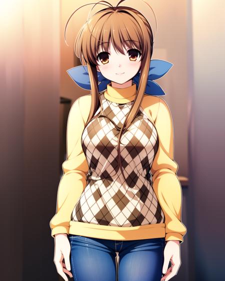 ((masterpiece)), ((best quality)), ((highres)), ((detailed background)), ((extremely detailed CG unity 8k wallpaper)), solo, kitchen, <lora:furukawa sanae:1>, furukawa sanae, diamond sweater vest, blue jeans, triple ahoge, smile