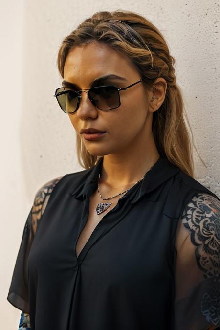 black girl with sunglasse, neckless , tattoo