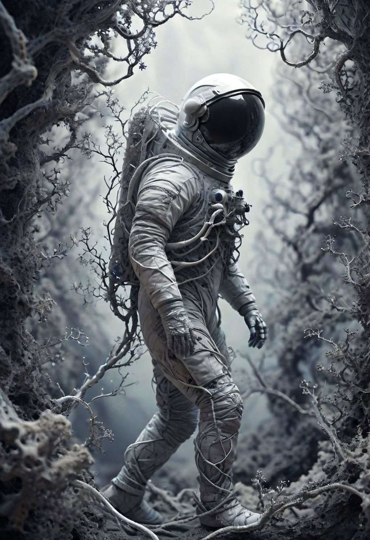 Astronaut Walking Through Trees and Branches - Astronaut's Suit and Space Helmet