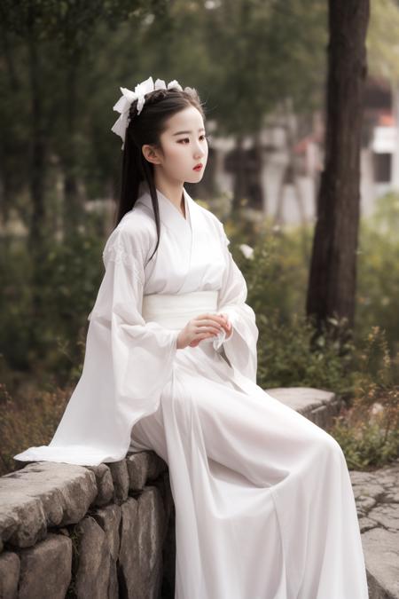 1girl white hanfu white hair ribbon