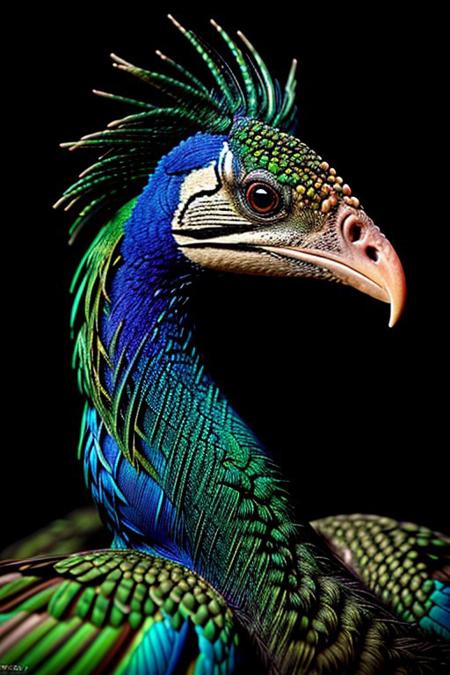 Create a photorealistic close up image of a peacock, feathers,vibrant colors and dark background, highly detailed, aesthetic, great lighting, extremely detailed,  award winning, perfect composition, a rich and complex image of nature, a vibrant tissue of hues and textures captured digitally, best quality, realistic, captivating, intricately detailed, hyper detailed, maximalist style, photorealist, sharp focus, dynamic lighting, superb composition, finest details, highest aesthetics, best quality, sharp focus, high contrast, stylized, clear, colorful, ultra quality, 8k, best quality, masterpiece,midjourneyv6.1,
