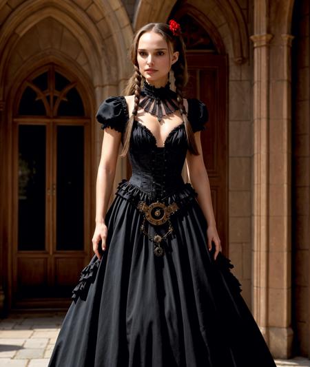 Natalie Portman, with long hair high ponytail, gothic make up, 
She wears an elaborate, steampunk dress. The color palette of the dress is fading red and black.
She stands in front of a Gothic mansion, she has a perplexed expression while she's looking at her dress. Front view, summers day,  <lora:natalie_portman:0.8>