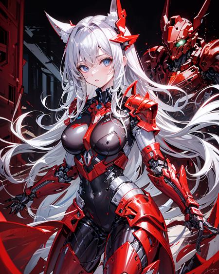 1girl, <lora:A-Mecha-REN[color_theme,mecha musume, mechanical parts, robot joints,headgear,full armor]:1>,red_theme,mecha musume, mechanical parts, robot joints,headgear,full armor,cowboy shot, large breasts,