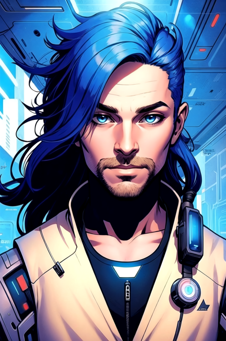 (masterpiece, best illustration, extreme light and shadow), masterpiece, best quality, 1boy, male focus, solo, facial hair, beard, blue hair, blue eyes, looking at viewer, long hair, closed mouth, mustache, shirt, portrait, upper body, wild hair, fluffy hair, wind swept hair, depth of field, standing in a spaceship, (cyberpunk), (lens flare, light leak, prismastic), close up, (sci-fi:1.5), shiny skin, (sidelighting), (volumetric lighting)