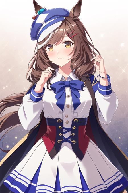 original, masterpiece, extremely detailed CG unity 8k wallpaper, highlight, best quality, bokeh, 

<lora:Matikanetannhauser:0.8>, umamusume, horse ears, animal ears, brown hair, hair ornaments, wearing a blue hat, white blouse, blue skirt, red clothes