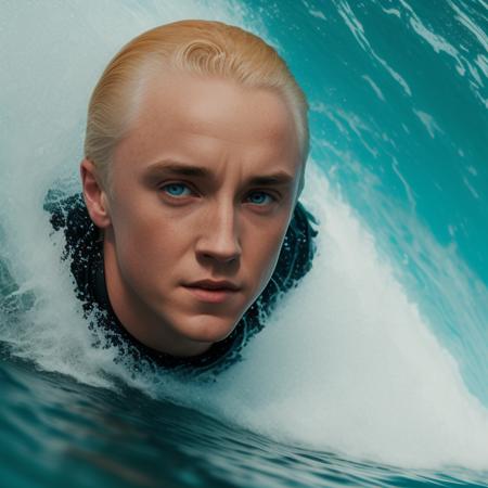 draco malfoy is surfing, extreme view, face focus full body, crazy eyes, balance, viewed inside the wave curl, shoulders, arms outstretched, surfboard, topless, <lora:Draco Malfoy v1.0:.71>