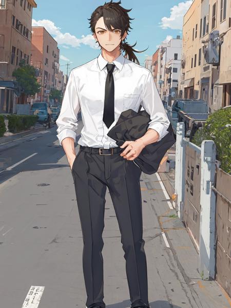 black suit,white shirt,black necktie,ponytail,luao,1boy,street,masterpiece, best quality,  <lora:luao:1>